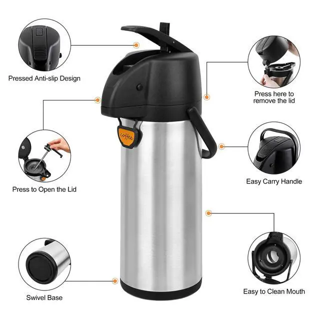 Alt view image 4 of 7 - Airpot Coffee Dispenser Thermal with Pump,3L/102 Oz Insulated Stainless Steel Large Airpot Coffee Carafe Lever Action for Hot/Cold Water,Thermal Carafe for Hot Cocoa for Parties