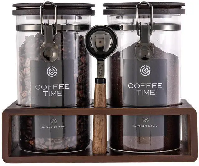 Main image of Glass Coffee Container with Wooden Shelf,2×45OZ Coffee and Sugar Container Set,Coffee Canisters with Airtight Lids and Scoop,Large Capacity Food Storage Jars for Coffee Beans (black)