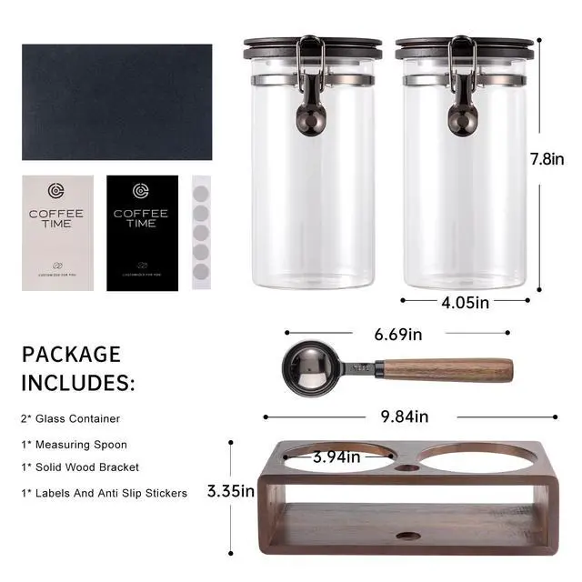 Alt view image 2 of 7 - Glass Coffee Container with Wooden Shelf,2×45OZ Coffee and Sugar Container Set,Coffee Canisters with Airtight Lids and Scoop,Large Capacity Food Storage Jars for Coffee Beans (black)