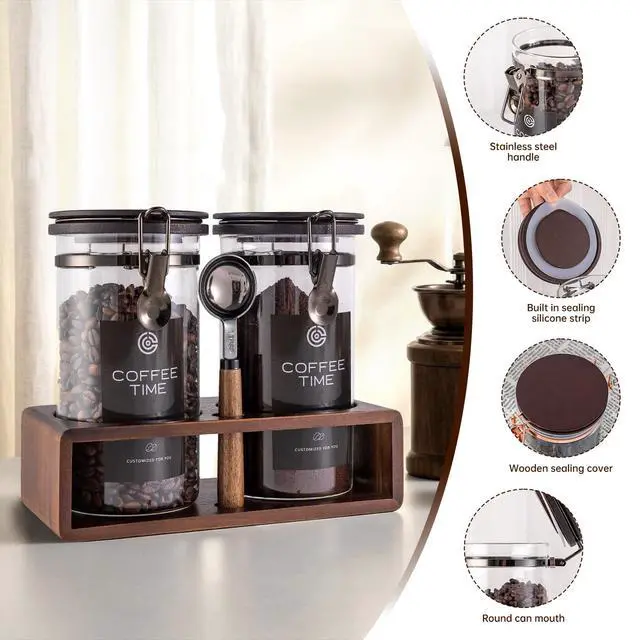 Alt view image 3 of 7 - Glass Coffee Container with Wooden Shelf,2×45OZ Coffee and Sugar Container Set,Coffee Canisters with Airtight Lids and Scoop,Large Capacity Food Storage Jars for Coffee Beans (black)
