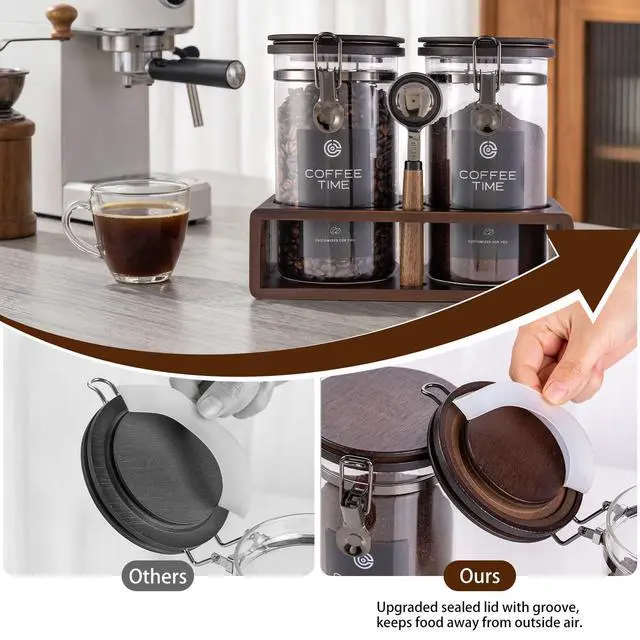 Alt view image 4 of 7 - Glass Coffee Container with Wooden Shelf,2×45OZ Coffee and Sugar Container Set,Coffee Canisters with Airtight Lids and Scoop,Large Capacity Food Storage Jars for Coffee Beans (black)