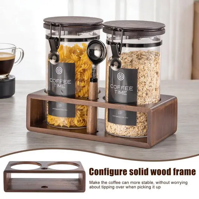 Alt view image 5 of 7 - Glass Coffee Container with Wooden Shelf,2×45OZ Coffee and Sugar Container Set,Coffee Canisters with Airtight Lids and Scoop,Large Capacity Food Storage Jars for Coffee Beans (black)