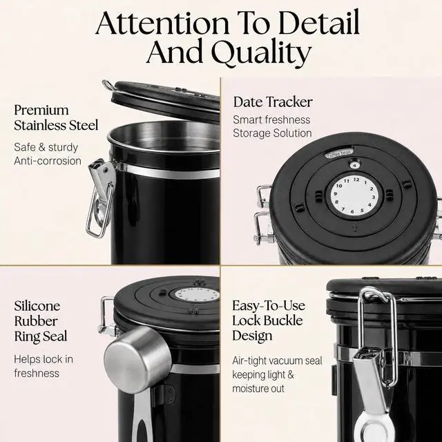 Alt view image 2 of 7 - 16 Oz Black Coffee Canister, Stainless Steel Airtight Coffee Container, Air tight Jar Tea Storage with Date Tracker, Vacuum Sealed Espresso Airtight Canister, Sugar Container for Home