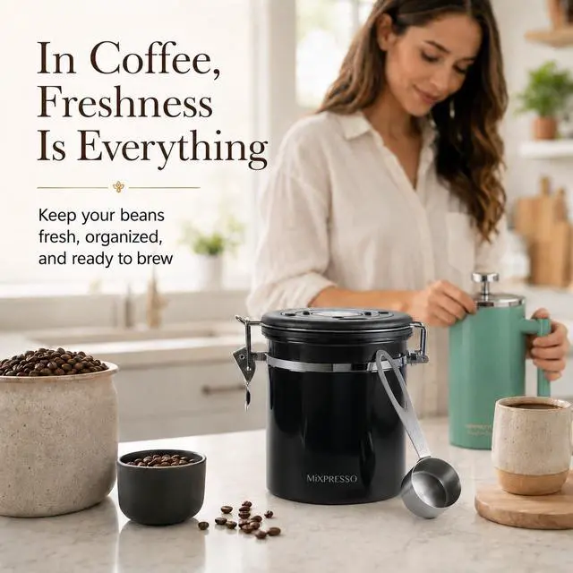 Alt view image 4 of 7 - 16 Oz Black Coffee Canister, Stainless Steel Airtight Coffee Container, Air tight Jar Tea Storage with Date Tracker, Vacuum Sealed Espresso Airtight Canister, Sugar Container for Home