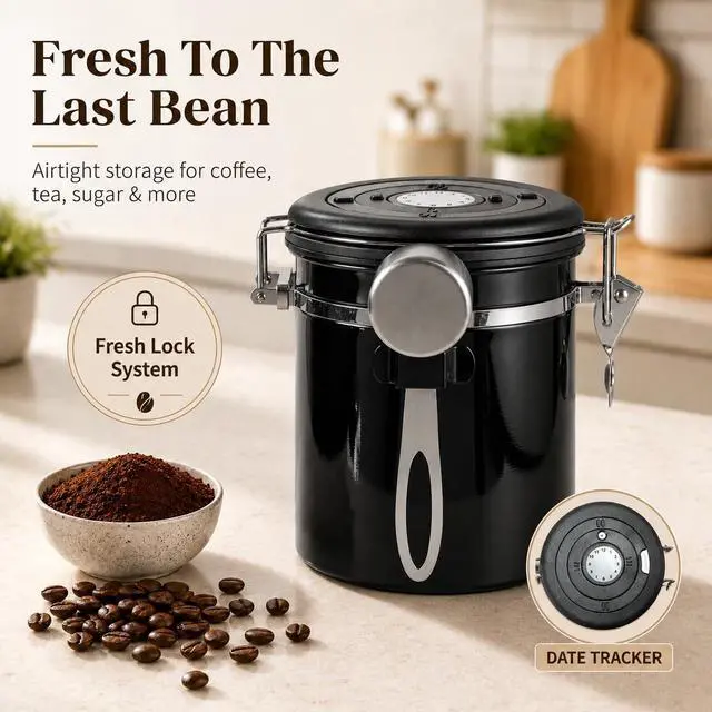 Alt view image 5 of 7 - 16 Oz Black Coffee Canister, Stainless Steel Airtight Coffee Container, Air tight Jar Tea Storage with Date Tracker, Vacuum Sealed Espresso Airtight Canister, Sugar Container for Home