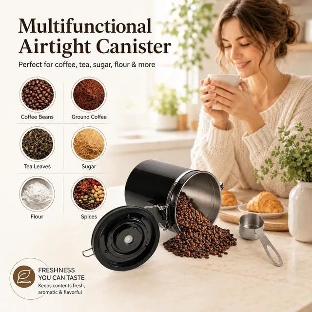 Alt view image 7 of 7 - 16 Oz Black Coffee Canister, Stainless Steel Airtight Coffee Container, Air tight Jar Tea Storage with Date Tracker, Vacuum Sealed Espresso Airtight Canister, Sugar Container for Home