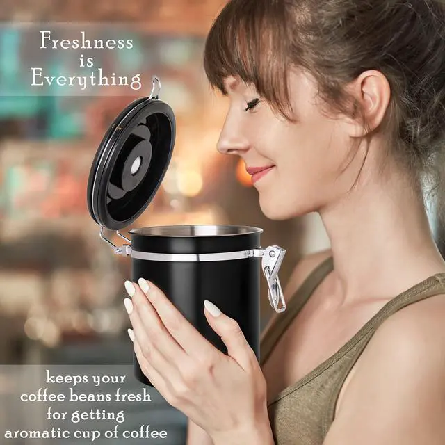 Alt view image 6 of 7 - 16 Oz Black Coffee Canister, Stainless Steel Airtight Coffee Container, Air tight Jar Tea Storage with Date Tracker, Vacuum Sealed Espresso Airtight Canister, Sugar Container for Home