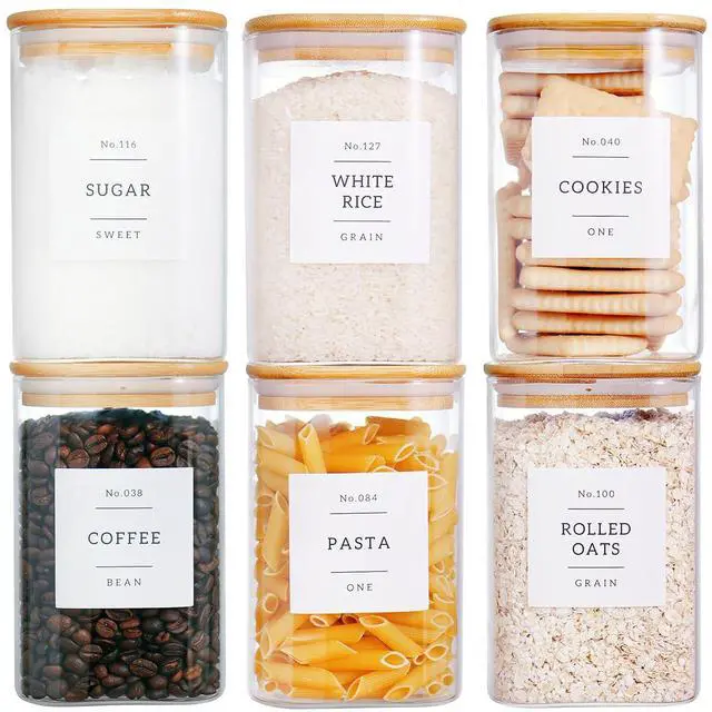 Main image of 6 Pack Square Kitchen Storage Jars with Airtight Bamboo Lids and 132 Pantry Labels - 35oz Glass Canisters With Wood Lids - Food Storage Containers for Coffee, Cookie, Tea, Spice