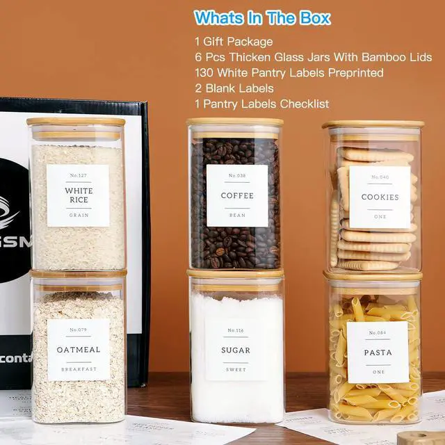 Alt view image 2 of 7 - 6 Pack Square Kitchen Storage Jars with Airtight Bamboo Lids and 132 Pantry Labels - 35oz Glass Canisters With Wood Lids - Food Storage Containers for Coffee, Cookie, Tea, Spice