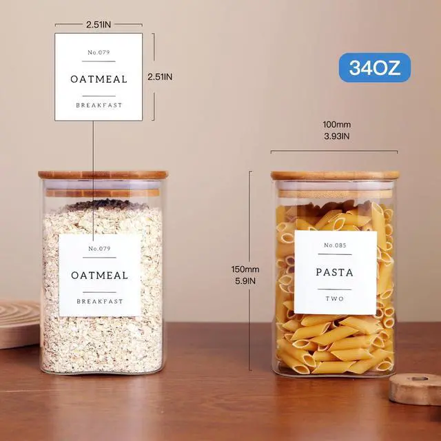 Alt view image 4 of 7 - 6 Pack Square Kitchen Storage Jars with Airtight Bamboo Lids and 132 Pantry Labels - 35oz Glass Canisters With Wood Lids - Food Storage Containers for Coffee, Cookie, Tea, Spice