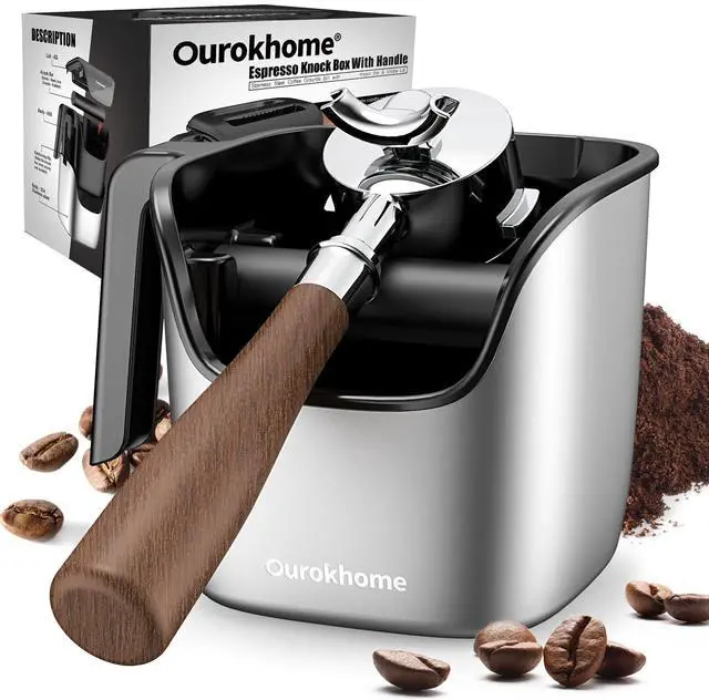 Main image of Espresso Knock Box with Lid, Compact Coffee Grounds Container for Home Coffee Bar, Removable Knock Bar, 304 Stainless Steel Exterior, Non-Slip Base & Handle, Easy Clean