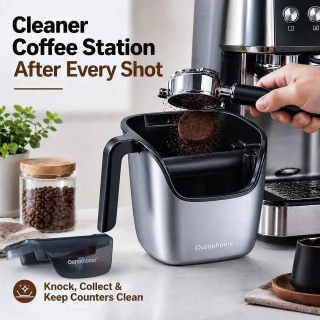 Alt view image 2 of 7 - Espresso Knock Box with Lid, Compact Coffee Grounds Container for Home Coffee Bar, Removable Knock Bar, 304 Stainless Steel Exterior, Non-Slip Base & Handle, Easy Clean