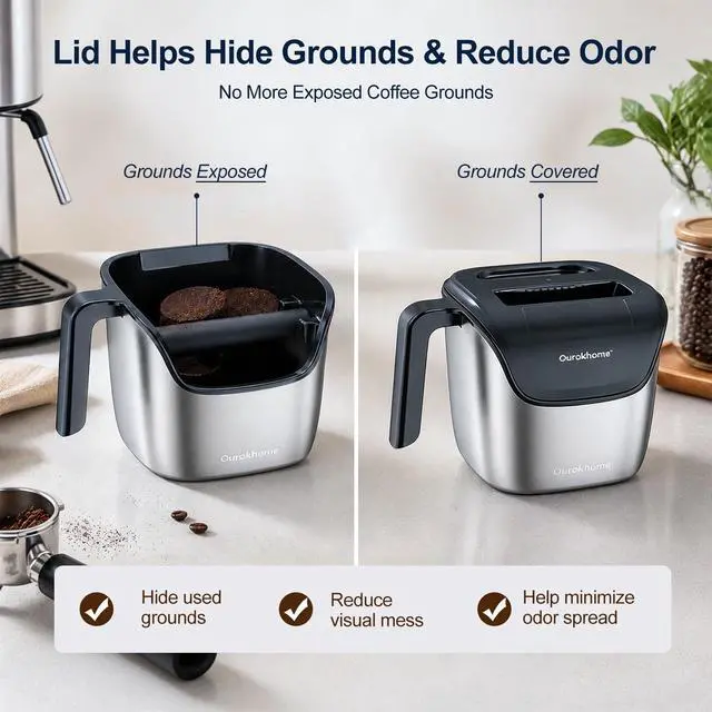 Alt view image 4 of 7 - Espresso Knock Box with Lid, Compact Coffee Grounds Container for Home Coffee Bar, Removable Knock Bar, 304 Stainless Steel Exterior, Non-Slip Base & Handle, Easy Clean