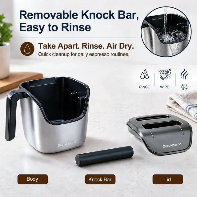Alt view image 5 of 7 - Espresso Knock Box with Lid, Compact Coffee Grounds Container for Home Coffee Bar, Removable Knock Bar, 304 Stainless Steel Exterior, Non-Slip Base & Handle, Easy Clean