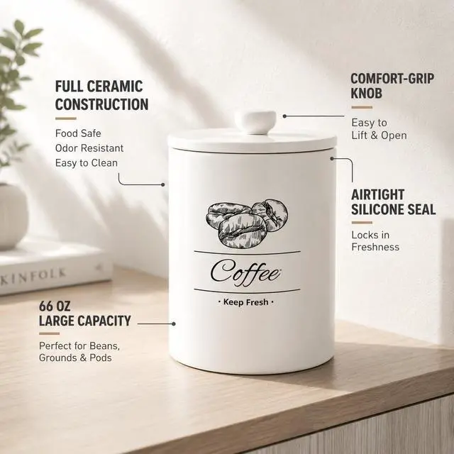 Alt view image 2 of 7 - Airtight Coffee Canister - 66 fl oz / 2L Large White Ceramic Coffee Container Airtight - 5.5'' Round × 8.2'' Tall Coffee Bean Storage - Stylish Ceramic Coffee Jar With Lid for Grounds & Beans