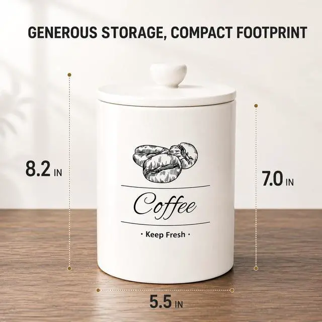 Alt view image 3 of 7 - Airtight Coffee Canister - 66 fl oz / 2L Large White Ceramic Coffee Container Airtight - 5.5'' Round × 8.2'' Tall Coffee Bean Storage - Stylish Ceramic Coffee Jar With Lid for Grounds & Beans