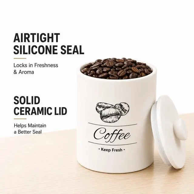 Alt view image 4 of 7 - Airtight Coffee Canister - 66 fl oz / 2L Large White Ceramic Coffee Container Airtight - 5.5'' Round × 8.2'' Tall Coffee Bean Storage - Stylish Ceramic Coffee Jar With Lid for Grounds & Beans