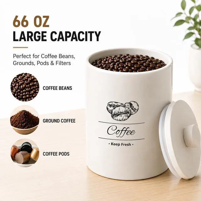 Alt view image 5 of 7 - Airtight Coffee Canister - 66 fl oz / 2L Large White Ceramic Coffee Container Airtight - 5.5'' Round × 8.2'' Tall Coffee Bean Storage - Stylish Ceramic Coffee Jar With Lid for Grounds & Beans