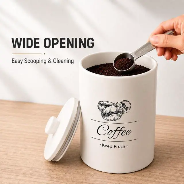 Alt view image 6 of 7 - Airtight Coffee Canister - 66 fl oz / 2L Large White Ceramic Coffee Container Airtight - 5.5'' Round × 8.2'' Tall Coffee Bean Storage - Stylish Ceramic Coffee Jar With Lid for Grounds & Beans