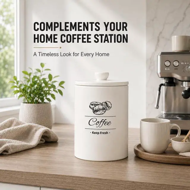 Alt view image 7 of 7 - Airtight Coffee Canister - 66 fl oz / 2L Large White Ceramic Coffee Container Airtight - 5.5'' Round × 8.2'' Tall Coffee Bean Storage - Stylish Ceramic Coffee Jar With Lid for Grounds & Beans