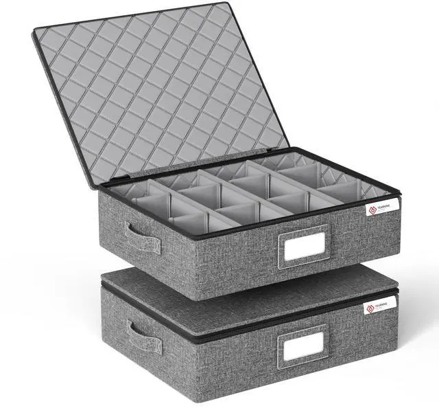 Main image of Cup and Mug Storage Box with Hard Shell and Dividers for Coffee Mugs,Tea Cups and Glasses,Stackable Storage Organizers with Lid,Handles,Zips and Label for Moving,Holds 12,2 Pack, Grey