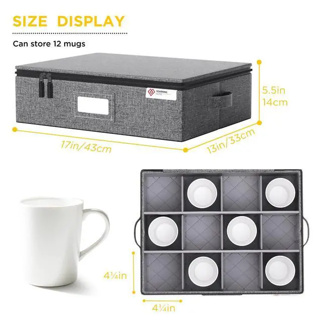 Alt view image 2 of 6 - Cup and Mug Storage Box with Hard Shell and Dividers for Coffee Mugs,Tea Cups and Glasses,Stackable Storage Organizers with Lid,Handles,Zips and Label for Moving,Holds 12,2 Pack, Grey