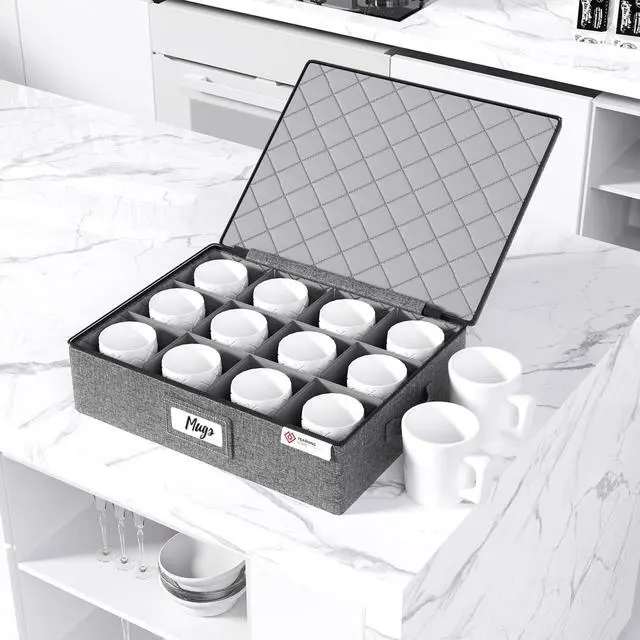 Alt view image 5 of 6 - Cup and Mug Storage Box with Hard Shell and Dividers for Coffee Mugs,Tea Cups and Glasses,Stackable Storage Organizers with Lid,Handles,Zips and Label for Moving,Holds 12,2 Pack, Grey