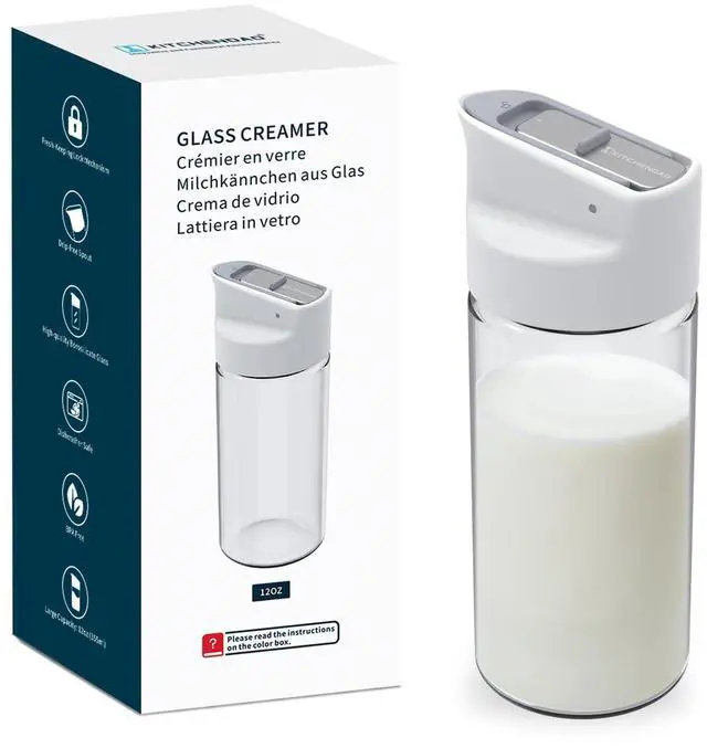 Main image of Glass Creamer with Fresh-Keeping Lock Mechanism, Drip-free Spout, 12 oz Milk Pitcher with Lid, Borosilicate Glass Creamer Container, Dishwasher Safe