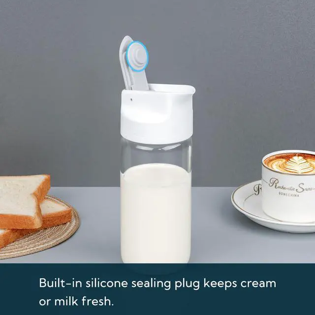 Alt view image 3 of 6 - Glass Creamer with Fresh-Keeping Lock Mechanism, Drip-free Spout, 12 oz Milk Pitcher with Lid, Borosilicate Glass Creamer Container, Dishwasher Safe