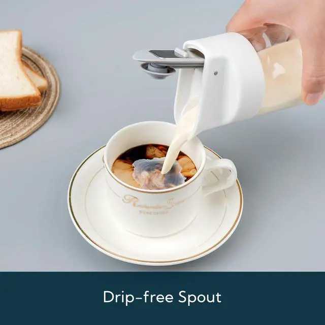 Alt view image 4 of 6 - Glass Creamer with Fresh-Keeping Lock Mechanism, Drip-free Spout, 12 oz Milk Pitcher with Lid, Borosilicate Glass Creamer Container, Dishwasher Safe