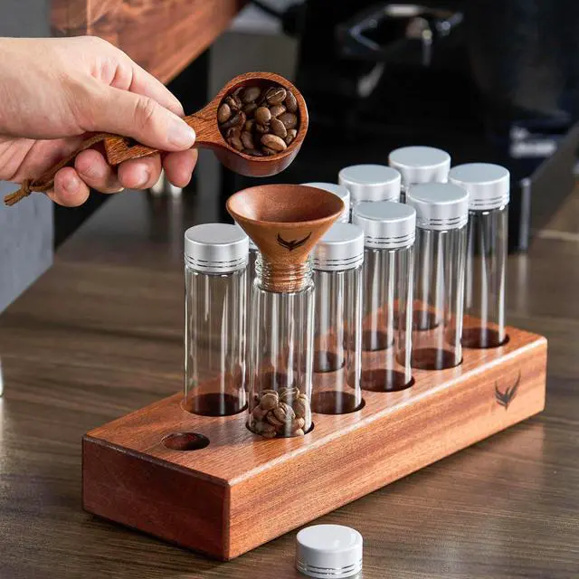 Alt view image 2 of 7 - Single Dose Coffee Bean Storage Tubes Coffee Bean Cellar 10 Pcs Dosing Glass Vials With Lids (2 Oz) Wooden Display Stand And Funnel
