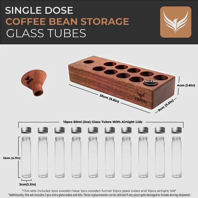Alt view image 4 of 7 - Single Dose Coffee Bean Storage Tubes Coffee Bean Cellar 10 Pcs Dosing Glass Vials With Lids (2 Oz) Wooden Display Stand And Funnel