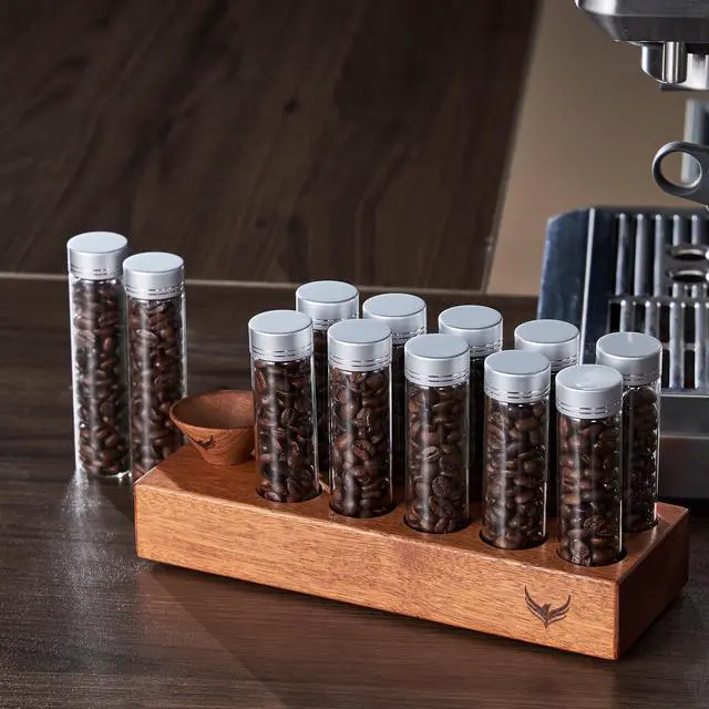 Alt view image 3 of 7 - Single Dose Coffee Bean Storage Tubes Coffee Bean Cellar 10 Pcs Dosing Glass Vials With Lids (2 Oz) Wooden Display Stand And Funnel