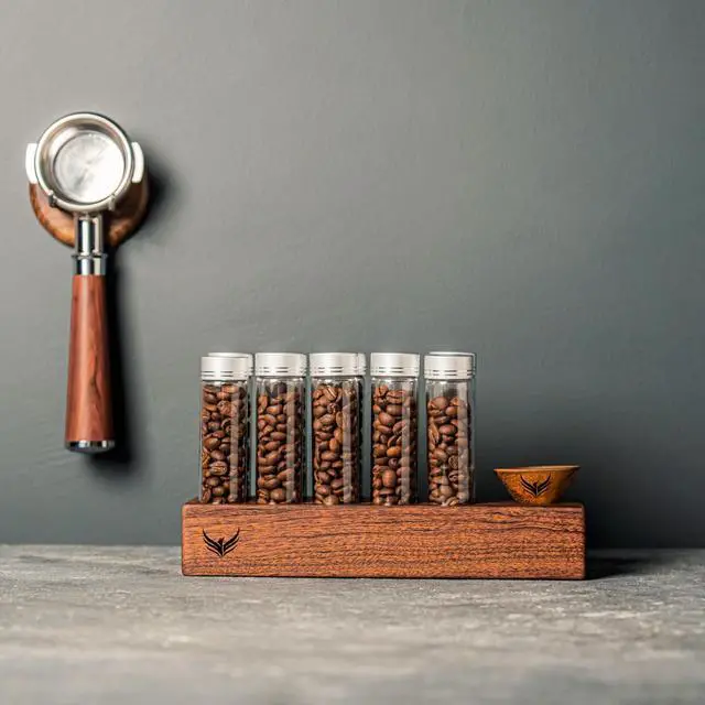 Alt view image 6 of 7 - Single Dose Coffee Bean Storage Tubes Coffee Bean Cellar 10 Pcs Dosing Glass Vials With Lids (2 Oz) Wooden Display Stand And Funnel