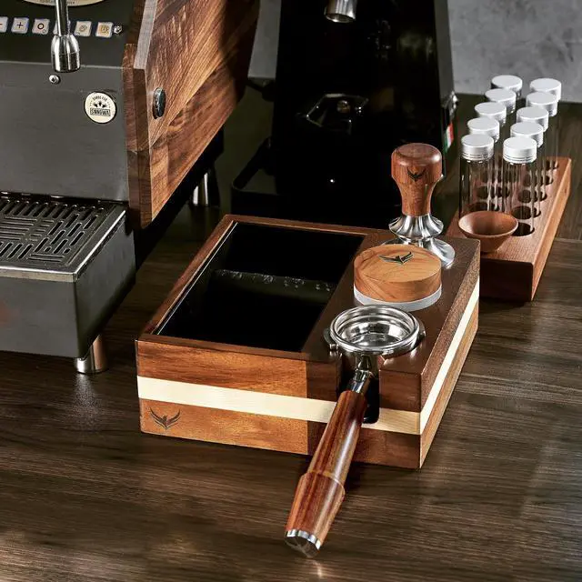 Alt view image 7 of 7 - Single Dose Coffee Bean Storage Tubes Coffee Bean Cellar 10 Pcs Dosing Glass Vials With Lids (2 Oz) Wooden Display Stand And Funnel