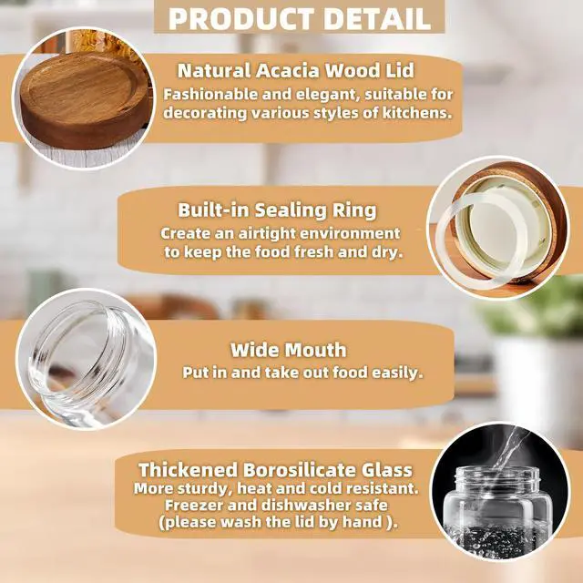 Alt view image 4 of 7 - 17 Fl oz/500 ml Glass Food Storage Jar, Premium Clear Glass Container Jar with Airtight Screw-on Wooden Lid, Kitchen Canisters for Coffee,Tea,Pasta,Cookies, Nuts,Spice,Candy,Overnight OatmealSmall)
