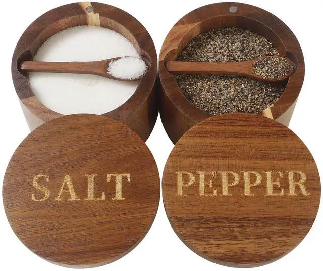 Main image of Salt Cellar, Elegant Salt and Pepper Set, 2PCS Acacia Wood Salt Container with Built-in Spoon & Swivel Lid, Engraved SALT & PEPPER Box, Salt Holder for Countertop Seasoning Storage