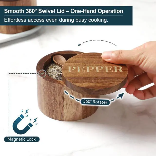 Alt view image 4 of 6 - Salt Cellar, Elegant Salt and Pepper Set, 2PCS Acacia Wood Salt Container with Built-in Spoon & Swivel Lid, Engraved SALT & PEPPER Box, Salt Holder for Countertop Seasoning Storage