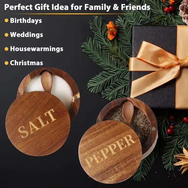 Alt view image 5 of 6 - Salt Cellar, Elegant Salt and Pepper Set, 2PCS Acacia Wood Salt Container with Built-in Spoon & Swivel Lid, Engraved SALT & PEPPER Box, Salt Holder for Countertop Seasoning Storage