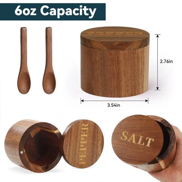 Alt view image 6 of 6 - Salt Cellar, Elegant Salt and Pepper Set, 2PCS Acacia Wood Salt Container with Built-in Spoon & Swivel Lid, Engraved SALT & PEPPER Box, Salt Holder for Countertop Seasoning Storage