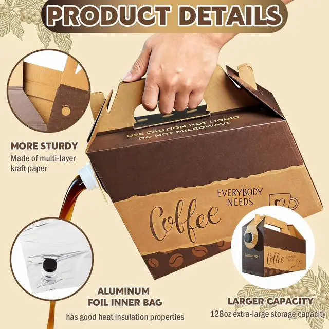 Alt view image 3 of 7 - 5 Pack 128 oz Disposable Coffee Box Dispensers, Insulated Coffee to Go Container with Handle & Lids, Portable Cold Hot Drink Dispenser for Catering Parties Take Out