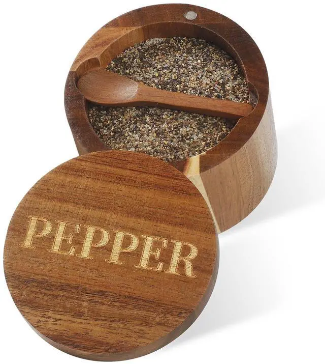 Main image of PEPPER Cellar, Acacia Wood Salt Container with Built-in Spoon & Swivel Lid, Engraved PEPPER Box, Salt Holder Bowl for Countertop Seasoning Storage