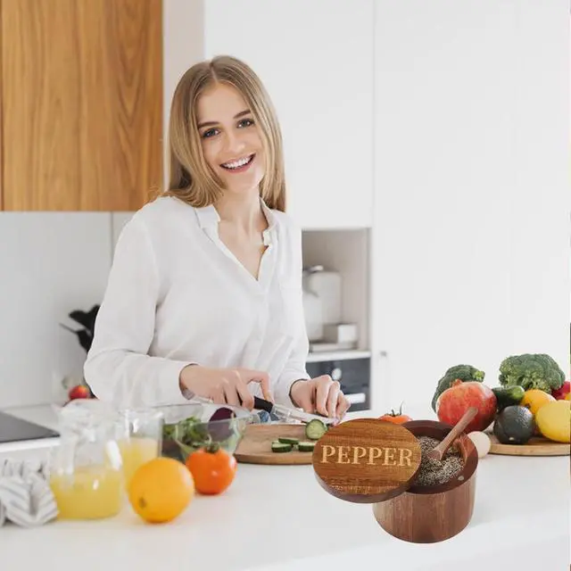 Alt view image 2 of 6 - PEPPER Cellar, Acacia Wood Salt Container with Built-in Spoon & Swivel Lid, Engraved PEPPER Box, Salt Holder Bowl for Countertop Seasoning Storage