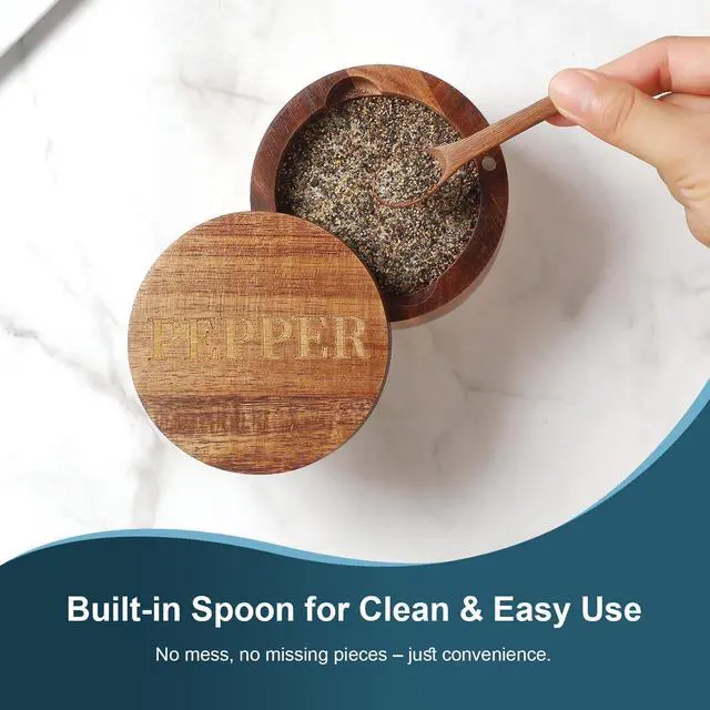 Alt view image 3 of 6 - PEPPER Cellar, Acacia Wood Salt Container with Built-in Spoon & Swivel Lid, Engraved PEPPER Box, Salt Holder Bowl for Countertop Seasoning Storage