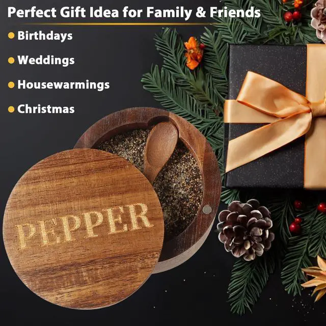 Alt view image 5 of 6 - PEPPER Cellar, Acacia Wood Salt Container with Built-in Spoon & Swivel Lid, Engraved PEPPER Box, Salt Holder Bowl for Countertop Seasoning Storage