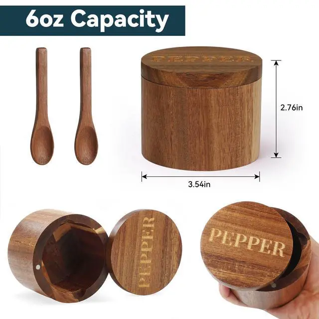 Alt view image 6 of 6 - PEPPER Cellar, Acacia Wood Salt Container with Built-in Spoon & Swivel Lid, Engraved PEPPER Box, Salt Holder Bowl for Countertop Seasoning Storage