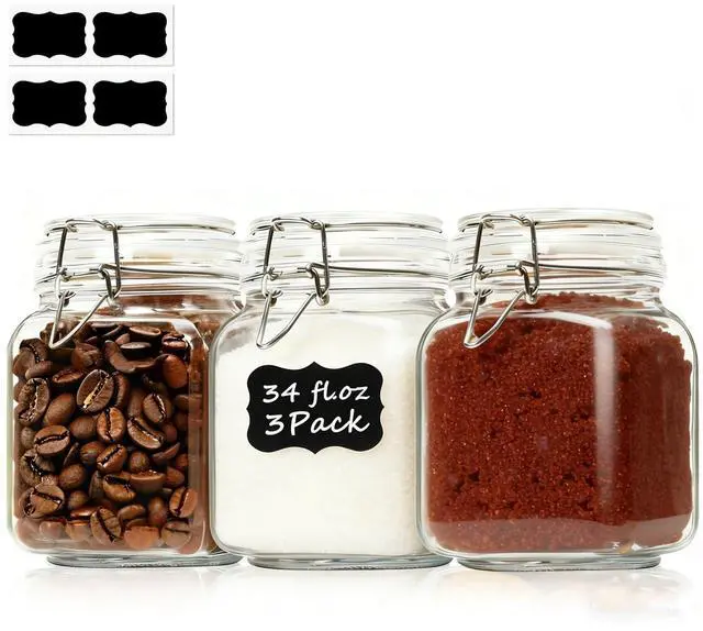 Main image of Square Glass Pantry Jars with Airtight Lids 34 oz 3 Pack Coffee