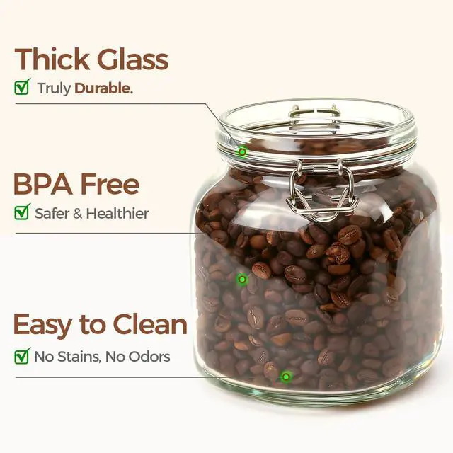 Alt view image 6 of 7 - Square Glass Pantry Jars with Airtight Lids 34 oz 3 Pack Coffee