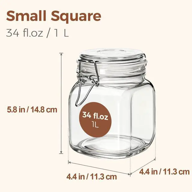Alt view image 4 of 7 - Square Glass Pantry Jars with Airtight Lids 34 oz 3 Pack Coffee