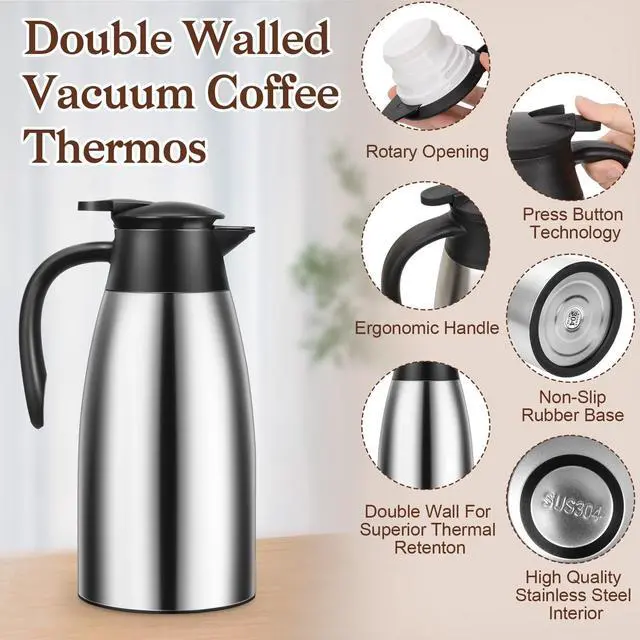 Alt view image 3 of 7 - 2 PCS 68 OZ Thermal Coffee Carafe, Insulated Stainless Steel Coffee Carafe Double Walled Vacuum Thermal Pot Flask with Brushes for Keeping Hot Coffee Tea Home and Office (Silver)